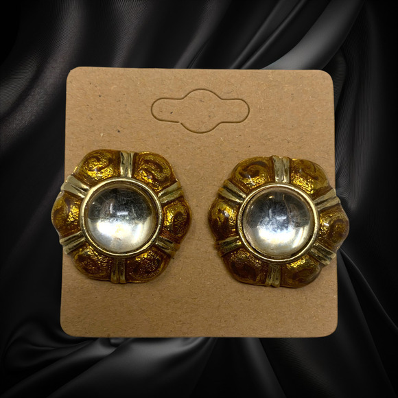 Vintage 1960's Clear & Gold Glass Gold Tone Hexagon Earrings Clip On Couture - Picture 5 of 5